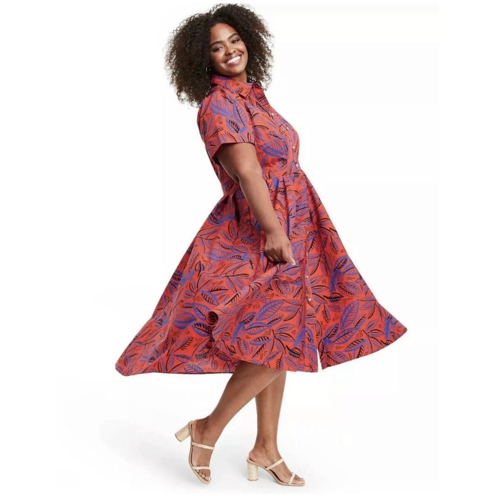 Alexis for Target Red Blue Tropical Print Button Front Modest Shirt Dress 1X